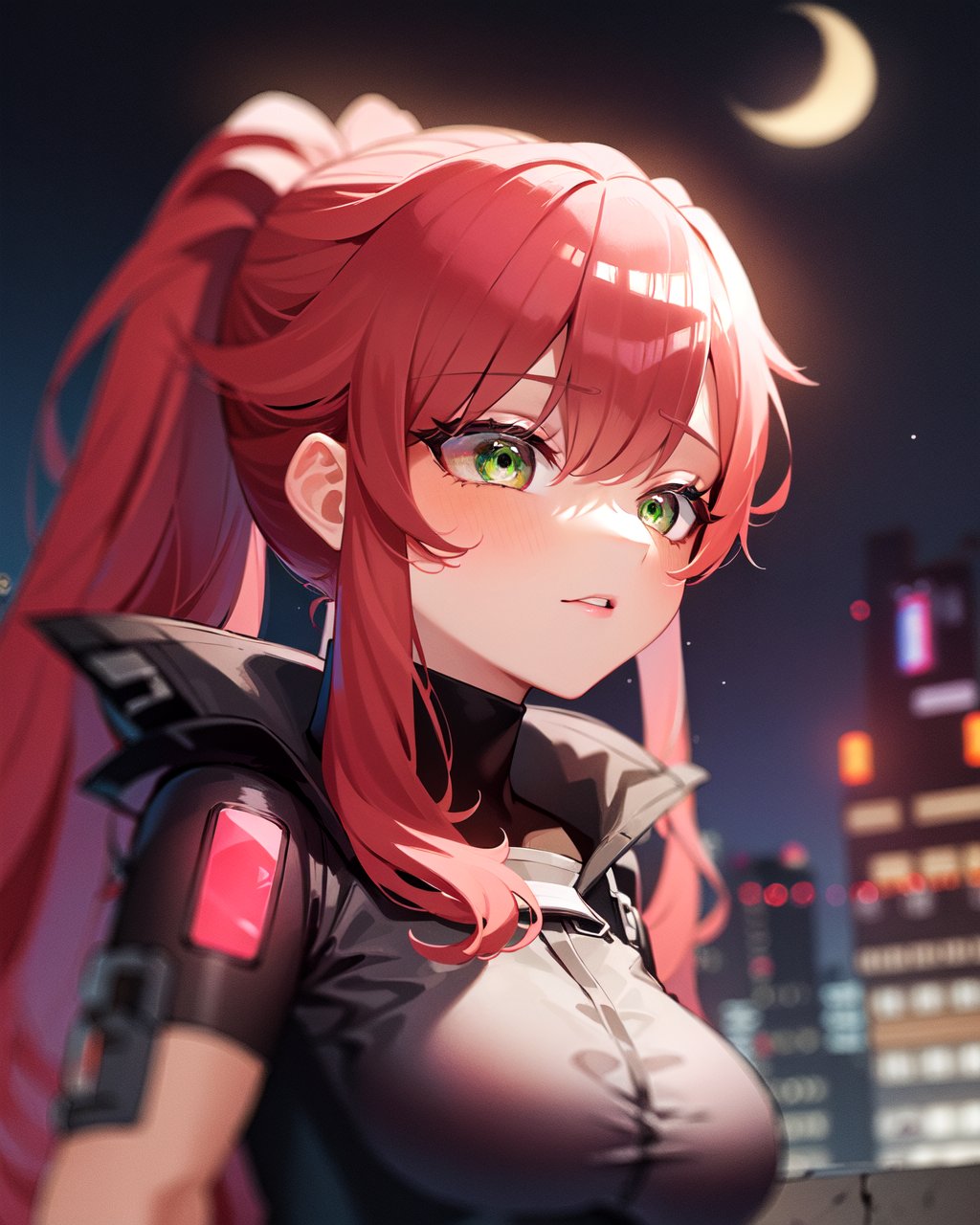 1girl, kisikilevil, pink hair, green eyes, long hair, ponytail,outdoors, city, night sky, pink ambient lighting, cyberpunk, moon,<lora:kisikilv2-000006:1>