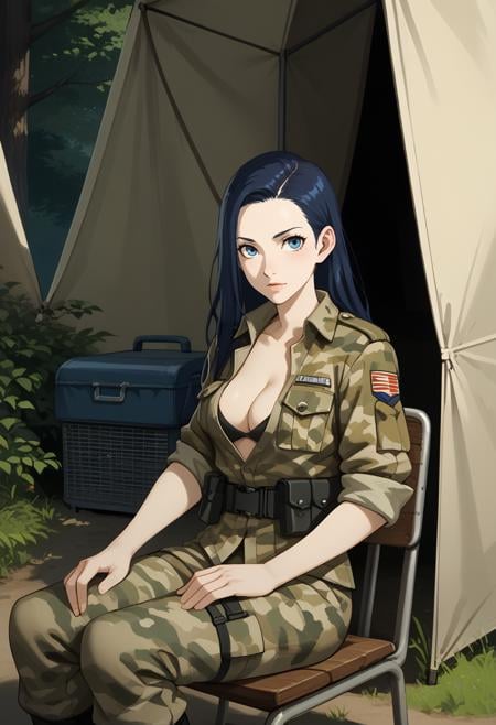 score_9,score_8_up,score_7_up,score_6_up,score_5_up,score_4_up, BREAK, 1girl, solo, (looking at viewer), scenery, outdoors, tent, cleavage, sitting on chair,  soldier, Camouflage soldier uniform,