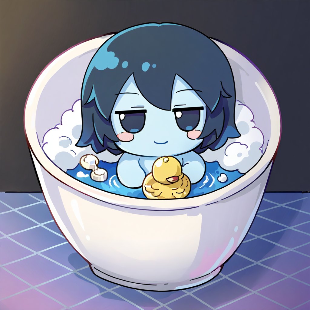 1girl,    fumo doll, chibi, solo, mature female, food, o_o, closed mouth, black hair, bong, simple background, blue skin, bubble, short hair, soap, arctic fox, in cup, in pot chatoka, =_=, in food, sitting, rubber duck, stuffed toy, black background, cup, smile, spoon, :<, monster girl, animal, blush, bath, marshmallow, blush stickers, colored skin, :3, bathtub, chocolate milk, score_9, score_8_up, score_7_up, source_anime <lora:XL_fumo_(doll)(pony):1>