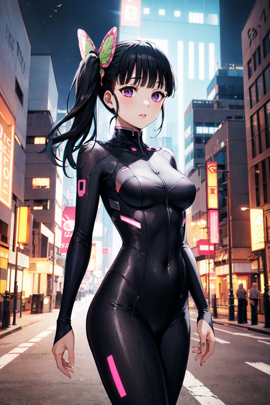 masterpiece, best quality, highres, aakanao, long hair, side ponytail, hair ornament, <lora:tsuyuri_kanao_v1:0.8>, bodysuit, cyberpunk, city, street, night, standing, cowboy shot, 