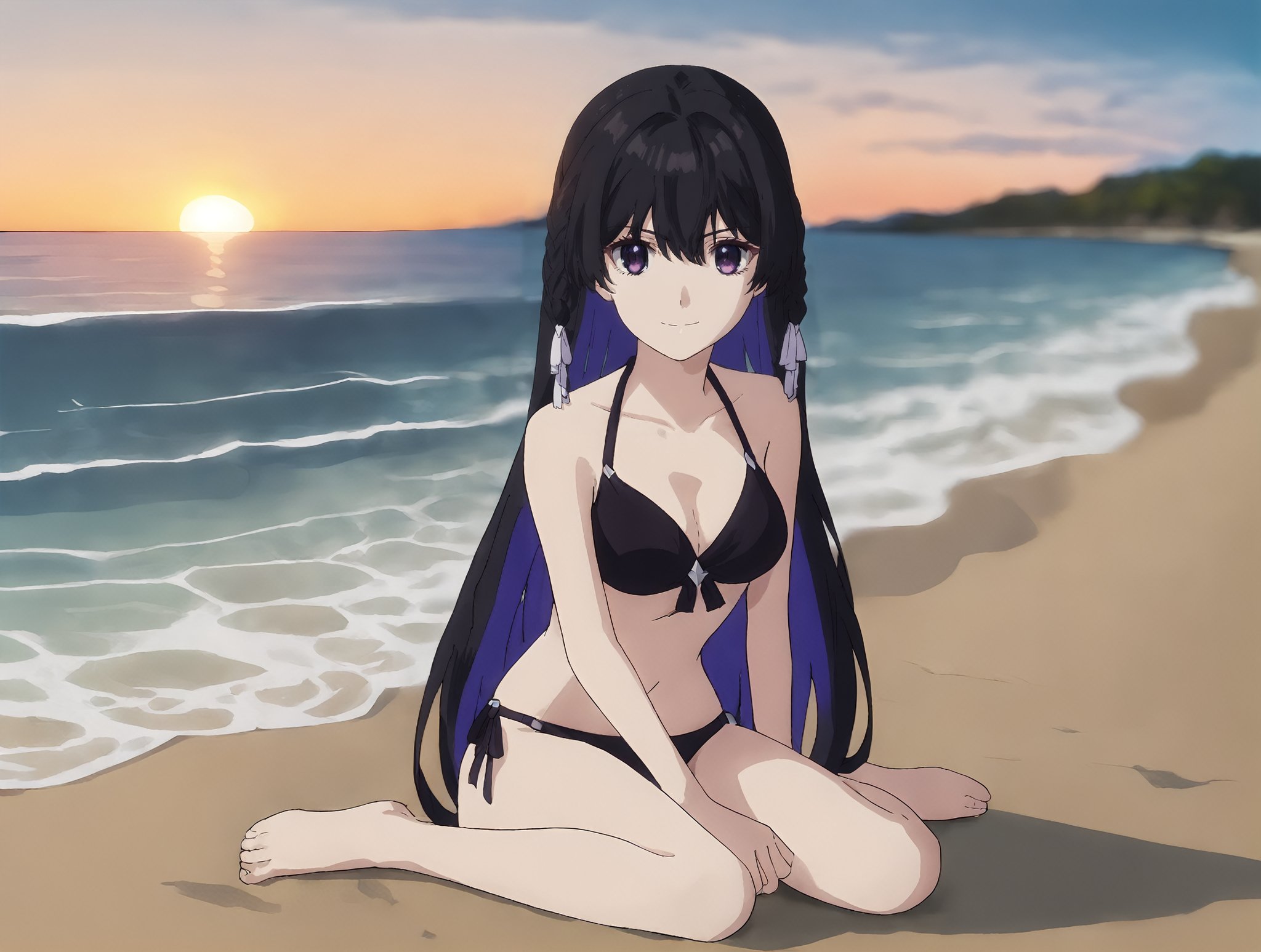 <lora:tinasha.pony.v3:1> score_9, score_8_up, score_7_up, tinashapurple eyes, 1girl,solo,sitting,stern look, black bikini, beach, sunset, ocean, waves, blurry background,full body,looking at viewer, light smile, 