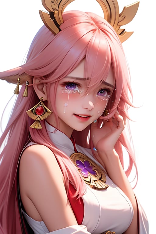 ba shen zi,1girl,solo,pink hair,purple eyes,long hair,blush,(tears:1.5),animal ears,bare shoulders,hair between eyes,white background,simple background,upper body,fox ears,breasts,bangs,jewelry,closed mouth,earrings,crying,japanese clothes,hair ornament,cheerful demeanor,(radiant smile:0.5),bright personality,warm-hearted nature,optimistic outlook,vibrant energy,sun-kissed complexion,joyful laughter,free-spirited,carefree attitude,uplifting presence,playful spirit,(positive vibes:1.2),lively enthusiasm,beaming with happiness,(natural beauty:1.3),infectious laughter,<lora:aki-000002:0.5>,