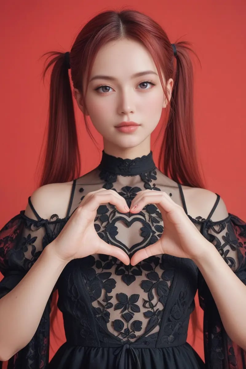 score_9, score_8_up, score_7_up, 1girl,25 years old, long hair with twintails, red hair, black sheer dress, green background, portrait, heart hands,