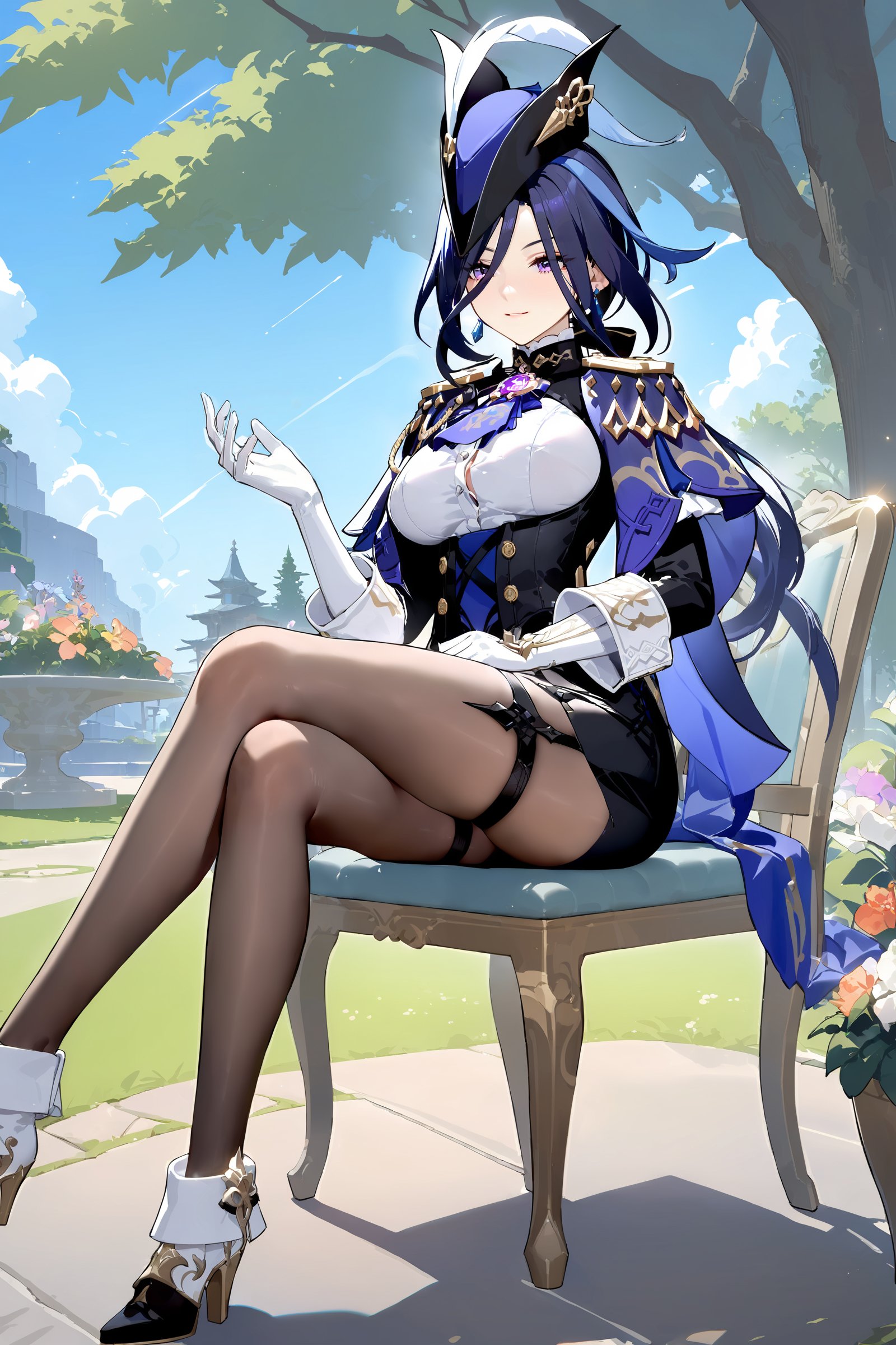 masterpiece, best quality, perfect features, intricate details, ray tracing, newest,(hitenkei, askzy:0.4), 1girl, clorinde \(genshin impact\), tricorne, black pantyhose, earrings, blue cape, white gloves, pencil skirt, white shirt, thigh strap, underbust, ascot, fold-over boots, black jacket, light smile, garden, outdoors, depth of field, full body, sitting, chair, flower, tree <lora:quality1:0:hr=1>,  <lora:Char-Genshin-Clorinde-XL-V1:0.9>