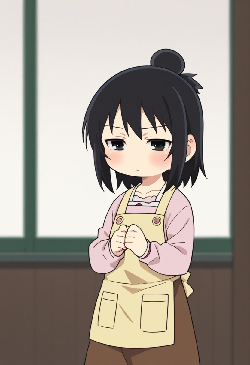 score_9, score_8_up, score_8, source_anime, 1girl, solo, chibi, <lora:HitohaMarui:0.9> , black eyes, black hair, hair bun, pink shirt, yellow apron, brown skirt, blush, blank expression, simple background, blurry background,        