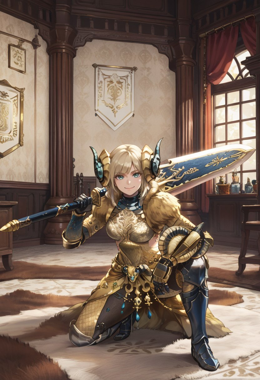 (score_9:0.9),score_8_up,score_7_up,rating_safe,anime style,(zPDXL),<lora:Kulve Taroth Alpha Armor ponyXL v1.3:0.77>,kulve taroth alpha armor,gold dress,gold horn,carpet,solo,greatsword,1girl,indoors,gold gauntlets,one knee,holding weapon,long hair,blonde hair,weapon over shoulder,huge weapon,holding huge sword,smile,dark-skinned female,