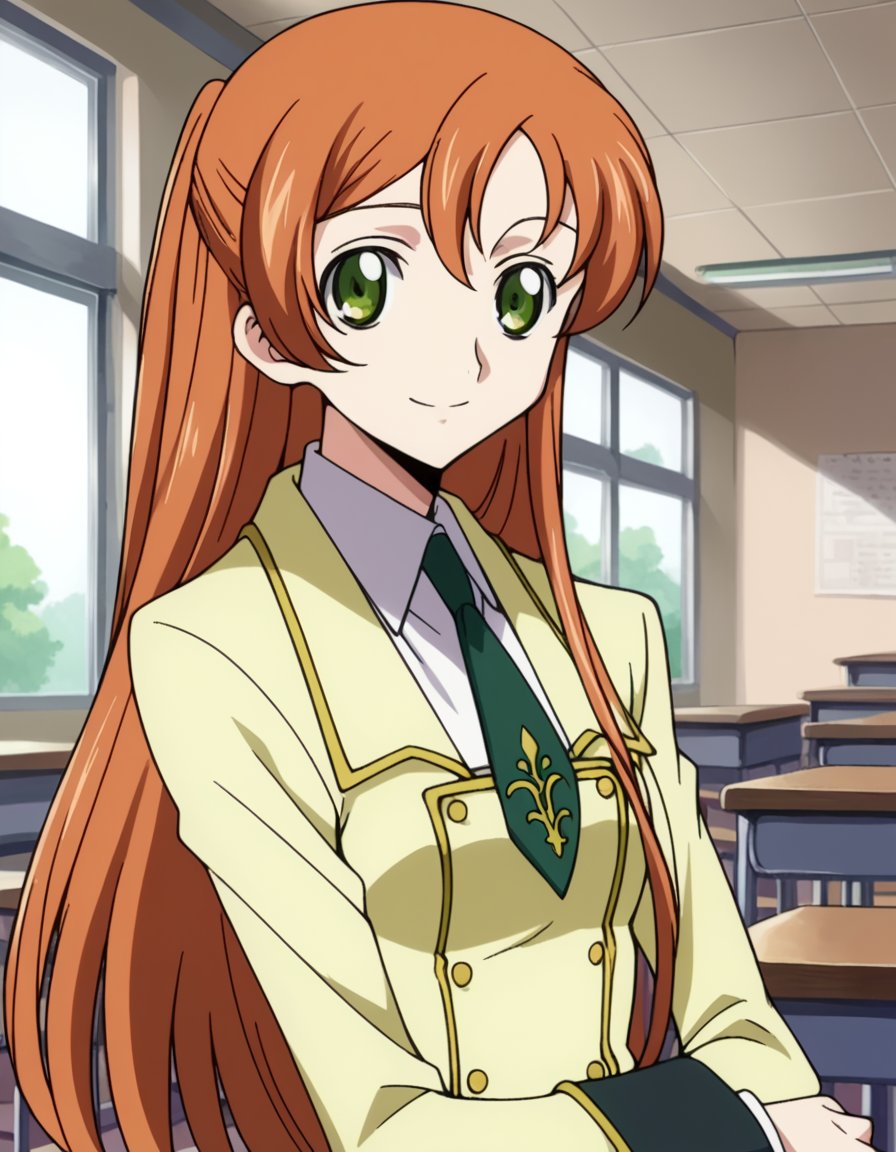 score_9, score_8_up, score_7_up, source_anime,shirleyfenette, <lora:shirley-fenette-s1-ponyxl-lora-nochekaiser:1>,shirley fenette, orange hair, green eyes, half updo, long hair,ashford academy school uniform, buttons, long sleeves, necktie, school uniform,indoors, classroom, smile,looking at viewer, dutch angle, cowboy shot, solo,