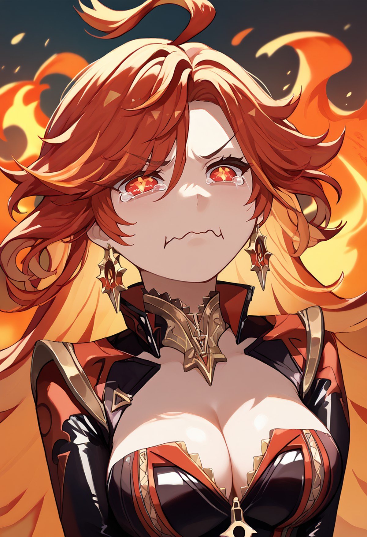 score_9, score_8_up, score_7_up, mavuika, symbol-shaped pupils, ahoge, red eyes, large breasts, jewelry, earrings, choker, zipper, bodysuit, clothing cutout, cleavage, <lora:Mavuika_pdxl_Incrs_v1:1>, fire, <lora:concept_aquacrying_ponyXL:1> aquacrying, wavy mouth, closed mouth, tearing up, close-up, 