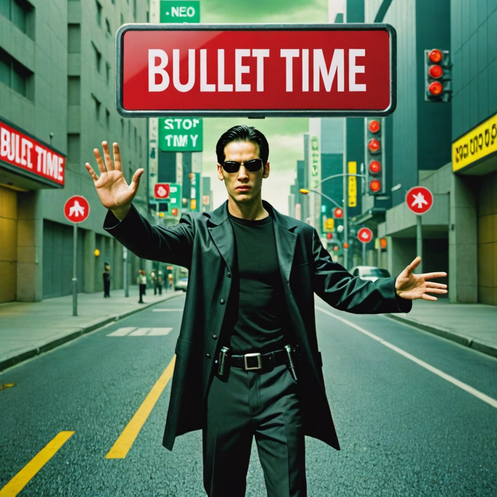 Photo of neo in matrix with a stop sign saying "bullet time"
