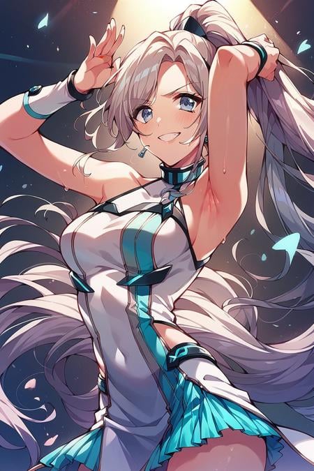 score_9, score_8_up, score_7_up, score_6_up, 1girl, <lora:Niijima_Ibuki:0.9> ibuki, long hair, ponytail, stage outfit, color lights, armpit,