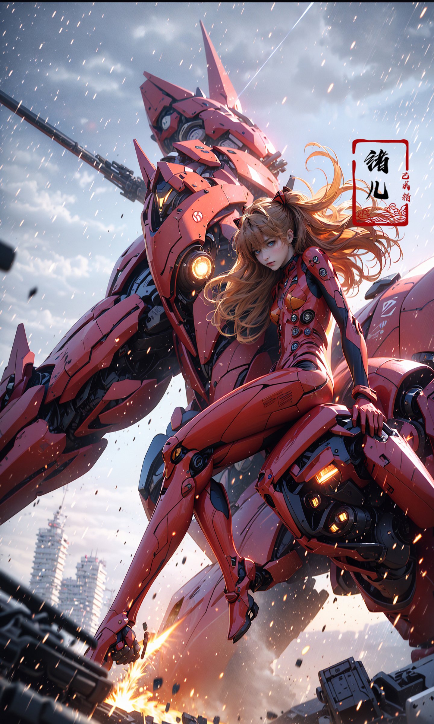 Epic CG masterpiece, Asuka Langley Soryu,hdr,dtm, full ha, in the style of mecha anime, like a god The dancing long knife charging forward battlefield, the burst meteor, the fierce battle of fighting with his life, 8K, ultra detailed graphic tension, dynamic poses, stunning colors, 3D rendering, surrealism, cinematic lighting effects, realism, 00 renderer, super realistic, full - body photos, super vista, super wide Angle, HD,<lora:绪儿-明日香Asuka Langley Soryu:0.8>