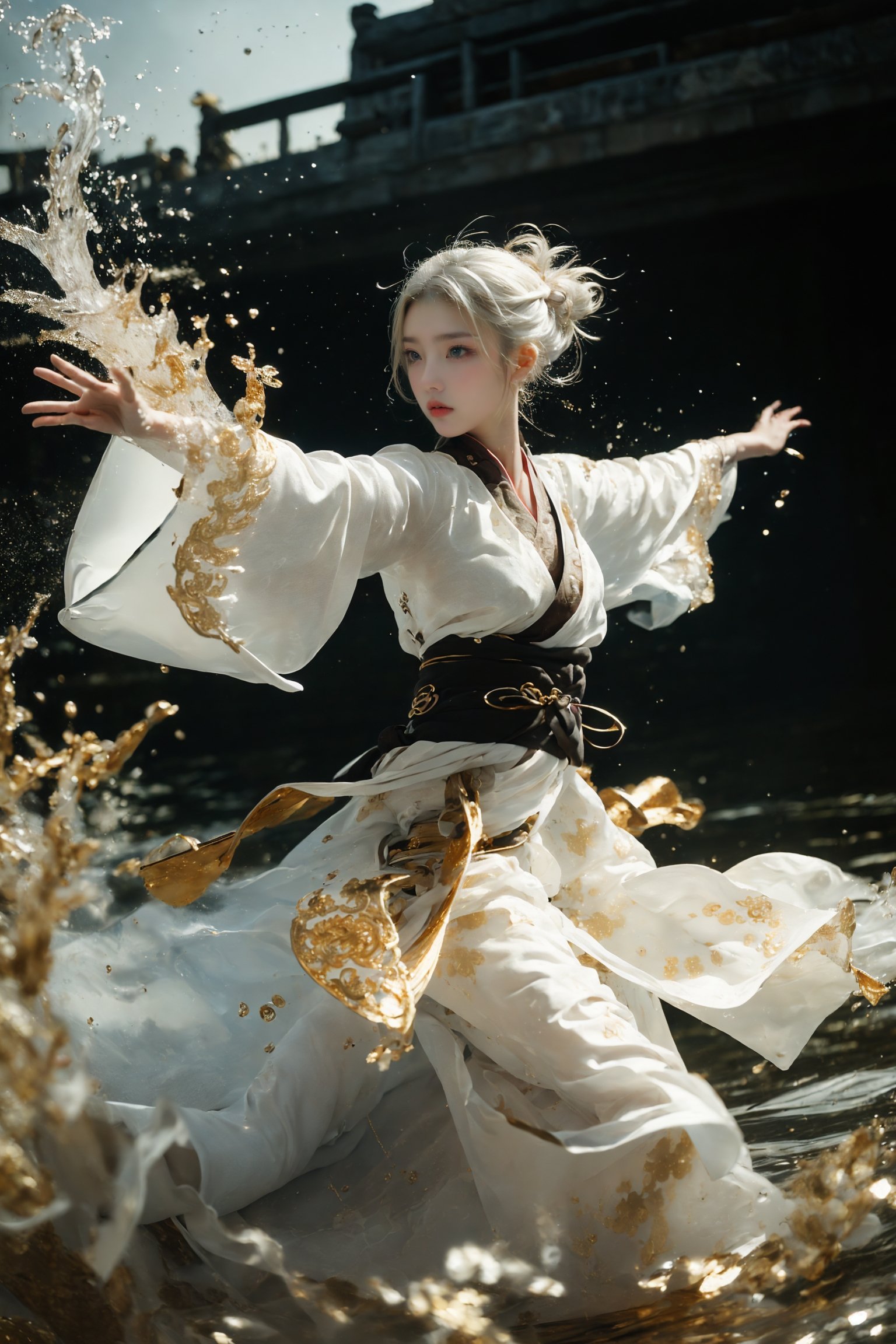 ultra high resolution, ((masterpiece))), (((best quality))), ((super detailed)),  ((extremely delicate and beautiful)),cinematic light, detailed environment，(real), motion blur, depth of field,1 girl,solo, (white hair:1.2), (dark Gold and light gold hanfu:1.2), wide sleeves,wide sleeves, outstretched arms, fighting stance,(splashing:1.3),<lora:绪儿-武侠V3 xuer martial arts:0.8>