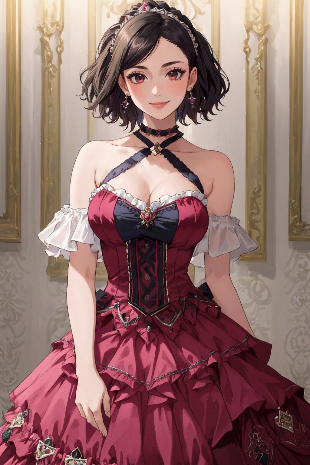 ((Masterpiece, best quality,edgQuality)),smile,ballgown,edgPreppy, a woman in a ([set of edgPreppy clothes,blazer|ballgown,ribbons,frills]::0.5) posing for a picture ,wearing edgPreppy with ballgown, <lora:edgPreppyGown:0.65>((edgCCH, collarbone, halterneck ,criss-cross halter))<lora:edgCrissCrossHalter:1>