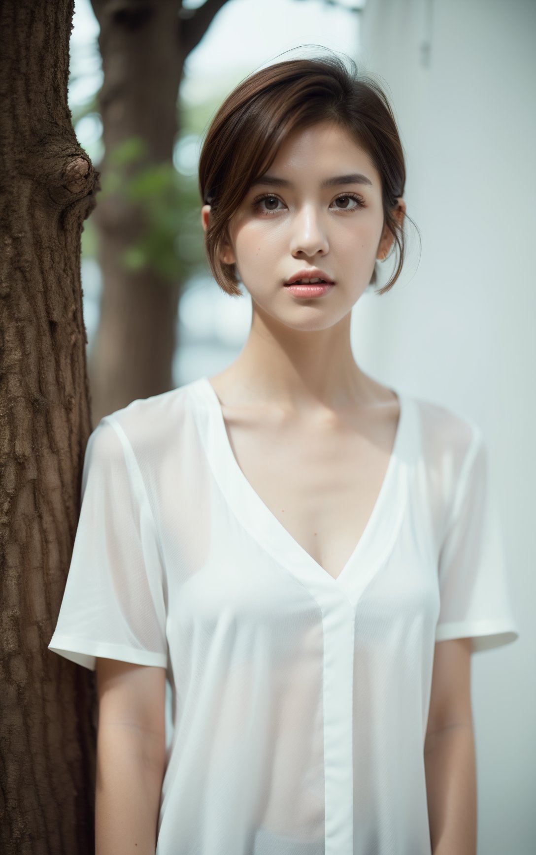 a woman standing next to a tree with a white shirt on and a white shirt on her chest and a white shirt on her shoulder,1girl,solo,brown hair,short hair,dress,realistic,brown eyes,white dress,lips,looking at viewer,,