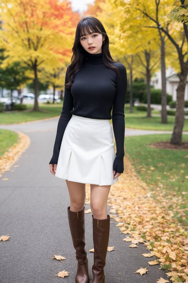 1girl,solo,photo background,outdoors,skirt,tree,standing,full body,long hair,autumn,day,looking at viewer,sweater,bangs,long sleeves,boots,sleeves past wrists,turtleneck,brown hair,realistic,lips,parted lips,shirt,black hair,socks,brown eyes,head tilt,autumn leaves,best quality,masterpiece,illustration,an extremely delicate and beautiful,CG,unity,8k wallpaper,Amazing,finely detail,masterpiece,official art,extremely detailed CG unity 8k wallpaper,incredibly absurdres,huge filesize,ultra-detailed,highres,extremely detailed,beautiful detailed girl,realistic,,<lora:Okamoto Hinana_20240503105030:0.8>