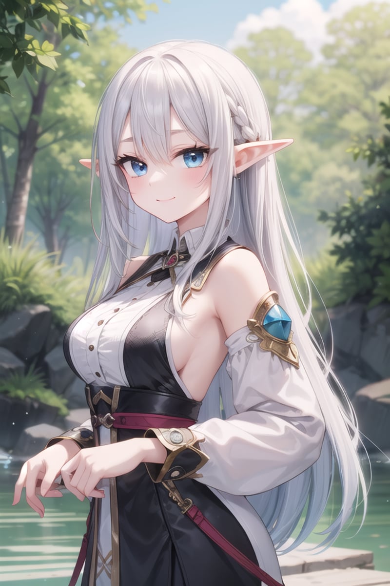 insanely detailed, absurdres, ultra-highres, ultra-detailed, best quality,1girl, solo, nice hands, perfect handsBREAKelf girl, (wearing sorcerer outfit:1.2), (nsfw:-1.5), (navel:-1)BREAKhappy smile, laugh, closed mouthBREAKfrom below,standing, cowboy shot, looking at viewerBREAKslender, kawaii, perfect symmetrical face, ultra cute girl, ultra cute face, ultra detailed eyes, ultra detailed hair, ultra cute, ultra beautifulBREAKfantasy world, in forest, river, depth of field, ultra detailed backgroundBREAKmedium breasts,BREAKsilver hair, long hair, elf ear, blue eyes