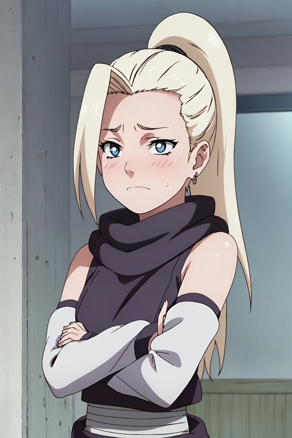 Ino Yamanaka, 4k, absurd, high resolution, very high resolution, high definition, masterpiece, (v-arms: 1.2), upper body, bothers, blushing, embarrased<lora:EMS-384819-EMS:0.900000>