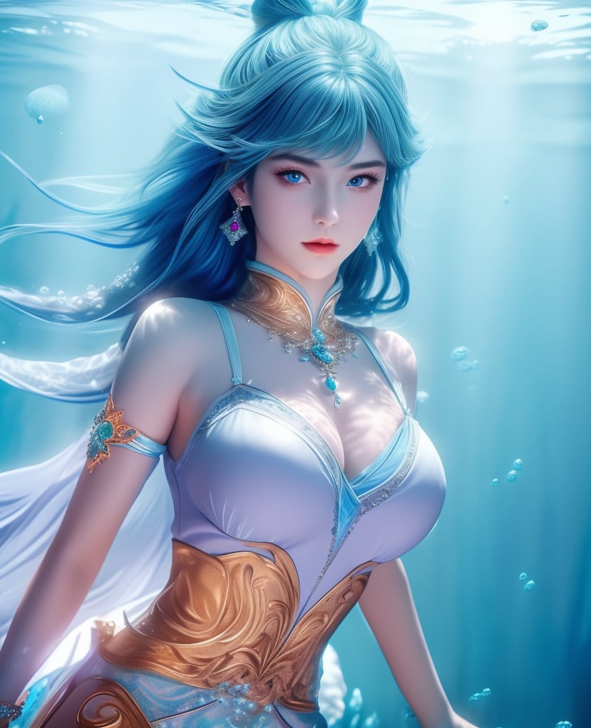 <lora:斗罗大陆-唐舞桐-海神缘:0.8>　　1girl, solo, blue hair, blue eyes, hair ornament, sparkle, looking at viewer,  (,1girl, ,best quality, ),looking at viewer,masterpiece, ((((, solo,  , ,solo focus, ,underwater, )))) ,ultra realistic 8k cg,   clean, masterpiece,     cinematic lighting, cinematic bloom,  (( , )),, , unreal, science fiction, luxury, jewelry, diamond, gold, pearl, gem, sapphire, ruby, emerald, intricate detail, delicate pattern, charming, alluring, seductive, erotic, enchanting, hair ornament, necklace, earrings, bracelet, armlet,,(cleavage),