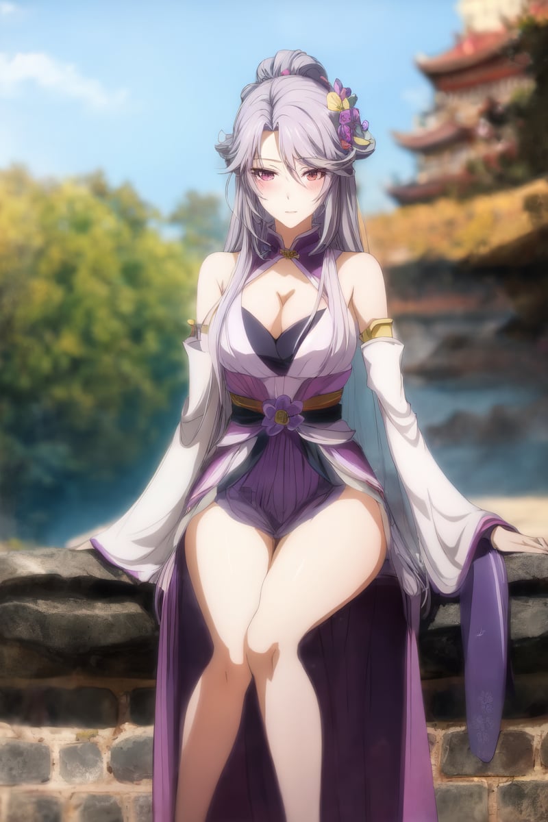 masterpiece, best quality,detailed eyes,solo,blush,full body,1girl,purple hair,long hair, light purple hanfu,detached sleeves,(hair ornament:0.5),cleavage, bathing, outdoors,<lora:add_detail:0.1> <lora:A Will Eternal SongJunWan_20230606163903:1>