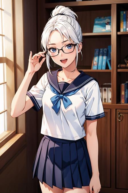 masterpiece, best quality, 1girl, <lora:valorantjett-nvwls-v1-000009:0.9> valorantJett, white hair, short ponytail, serafuku, white shirt, short sleeves, pleated skirt, library, glasses, :D, looking at viewer