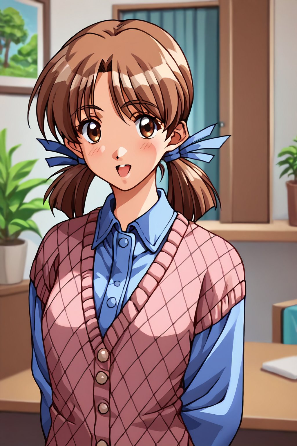 score_9, score_8_up, score_7_up, score_6_up, score_5_up, score_4_up, source_anime, s_m_tooru, 1990s \(style\), retro artstyle,1girl, solo, brown hair, twintails, brown eyes, open mouth, shirt, blue shirt, ribbon, hair ribbon, blush, smile, arms behind back, short twintails, collared shirt, upper body, looking at viewer, buttons, argyle sweater, long sleeves, :d, low twintails, argyle clothes, blue ribbon, cardigan, parted bangs, sweater, wing collar,dress shirt, living room,masterpiece, perfect face, best quality, beautiful girl, cute girl, beautiful eyes, shiny eyes, anime coloring, anime screencap, absurdres, <lora:s_m_tooru auti:0.8>