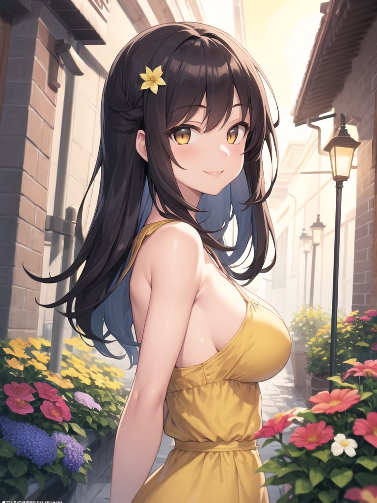 masterpiece,best quality,1girl,courtyard,flowers,lamppost,yellow sun dress,looking at viewer,smile,upper body,breasts,from side