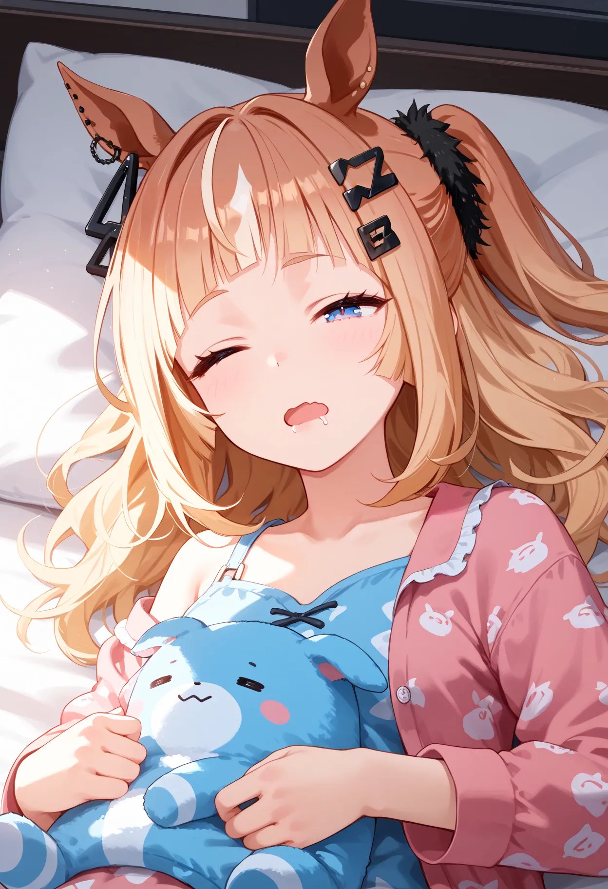 score_9, score_8_up, score_7_up, BREAK, best quality, masterpiece, very aesthetic, ultra detailed,very detailed background,BREAK,,zPDXL3,espoir_c, 1girl, solo, horse ears,  horse tail, blonde hair, multicolored hair, long hair, straight hair, bangs, blue eyes, hair ornament,pajamas,sleeping,apartment,ponytail,open mouth,Drool,sleep,close eye,(straight hair:1.2),Messy Hair,bavel,wavy mouth<lyco:Espoir_C-ponyXL_locon:0.9>