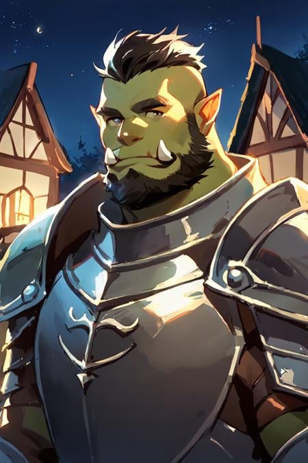 score_9, score_8_up, score_7_up, solo, male focus, mature male, orc, green skin, tusks, beard, outdoors, armor, looking at viewer, shoulder armor, breastplate, upper body, closed mouth, pauldrons, night, night sky, standing <lora:Anime Style 2 SDXL_LoRA_Pony Diffusion V6 XL:1>