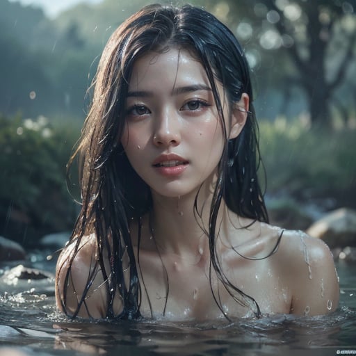 best quality,masterpiece,photo realistic,Background and character in perfect proportion,intricate details,raw photo,photon rendering,octane render,absurdres,ultra detailed,detailed face,detailed skin,trending on artstation,8k masterpiece,cinematic lighting,,(True and realistic white skin),1girl taking a shower in the river, wet hair, black hair,  long hair, a slim figure,(a shallow smile), white teeth, Super high resolution,Light Edition Light, (Half-body:1.1),(Real realistic background)