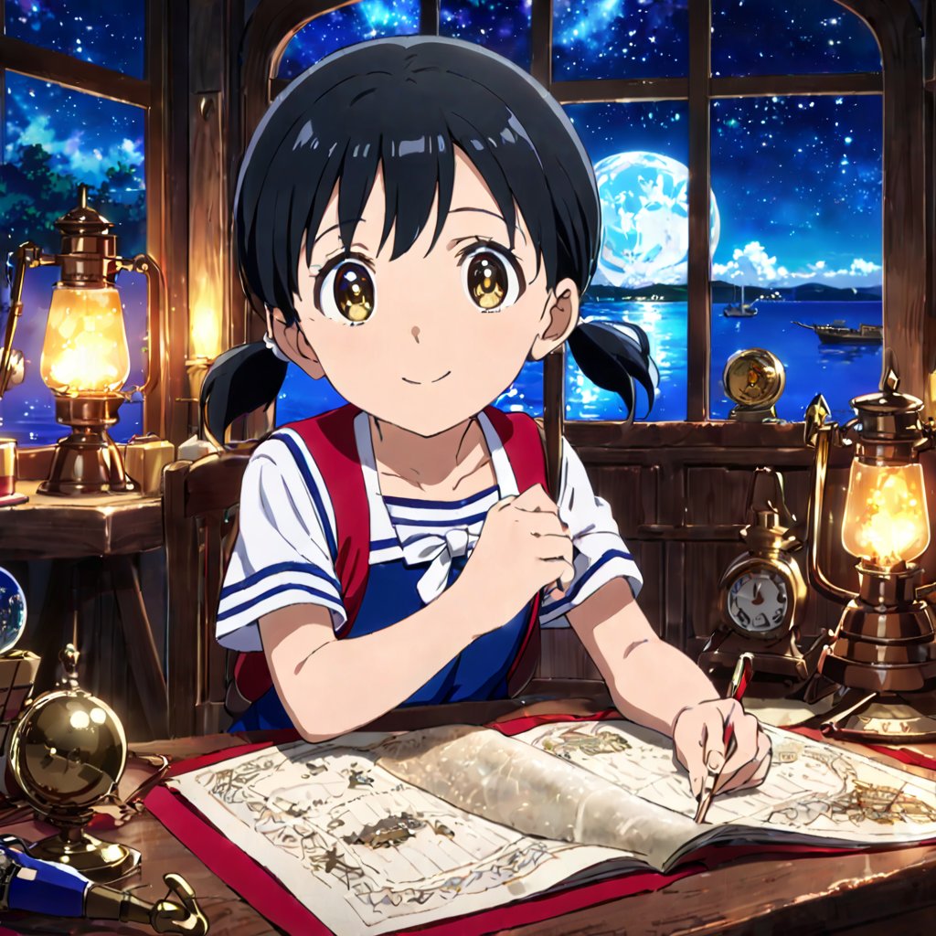 score_9, score_8_up, score_7_up, score_6_up, score_5_up, score_4_up, source_anime,minamoto shizuka, smile, Teenage girl navigator studying ancient maps in a grand ship's cabin, surrounded by nautical instruments, glowing globe, and exotic artifacts, warm candlelight, tall windows showing a starry night sky and phosphorescent sea, sense of adventure and discovery, child,masterpiece, perfect face, best quality, beautiful eyes, shiny eyes, anime coloring, anime screencap, absurdres, award winning,masterpiece, perfect face, best quality, beautiful girl, cute girl, beautiful eyes, shiny eyes, anime coloring, anime screencap, absurdres, award winning,<lora:cr81e6de878c73fsdrs0:0.8>