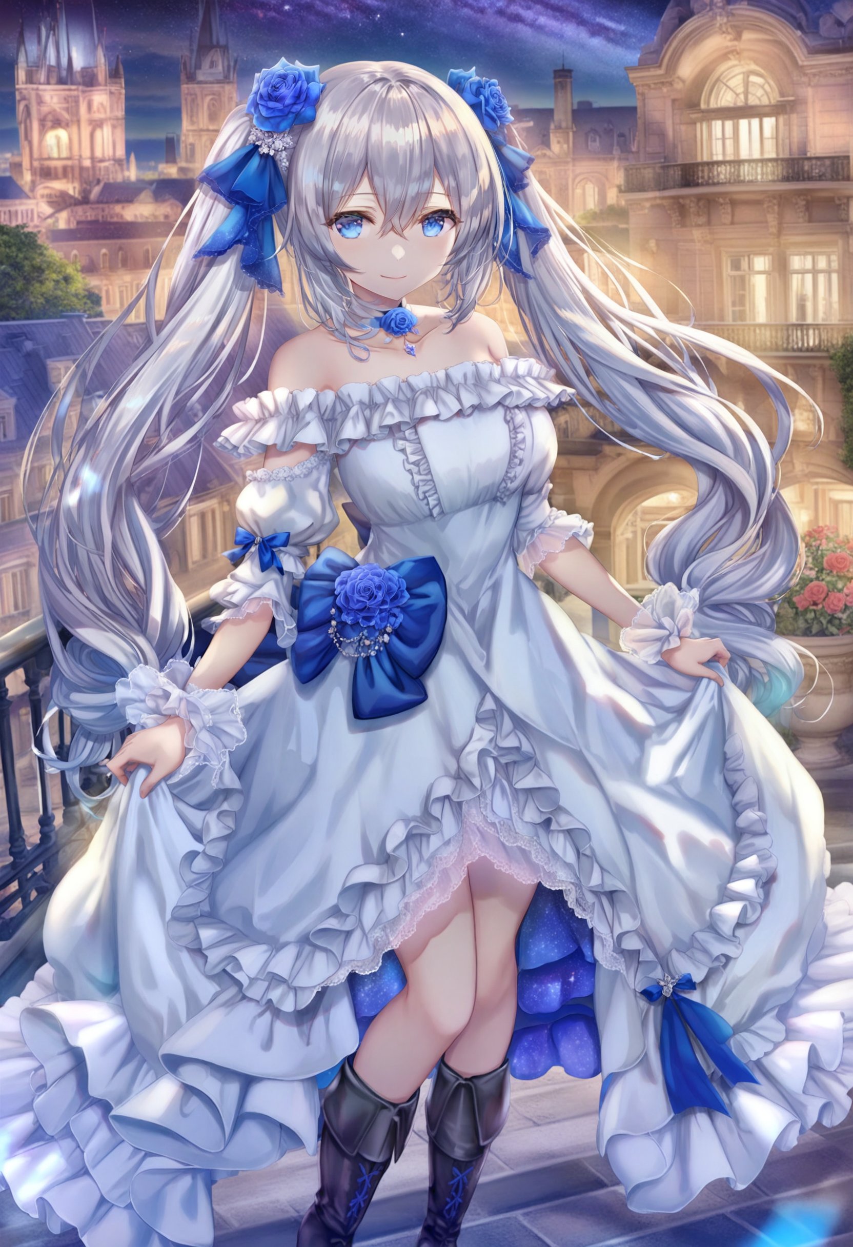 masterpiece, best quality,1girl,   solo, dress, long hair, white dress, boots, white hair, flower, very long hair, looking at viewer, standing, full body, twintails, blue flower, blue eyes, black footwear, bare shoulders, high heels, sky, outdoors, knee boots, frilled dress, ribbon, frills, off shoulder, closed mouth, hair ribbon, choker, hair ornament, blue ribbon, star \(sky\), detached sleeves, starry sky, sleeves past wrists, rose, high heel boots, off-shoulder dress, night, smile, skyscraper, building, blue rose, night sky, hair between eyes <lora:torinoXLlokr8f-000182:0.95>