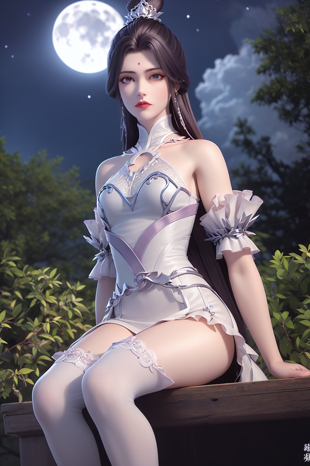 yuechan, 1girl, solo, cloud,night, sky, forest,small moon,star,sitting, bare legs, purple eyes, lipstick,   white dress, expressionless, weapon,   long hair, hair ornament,hair bun<lora:laofanai_yuechan_changfu_v3:0.9>