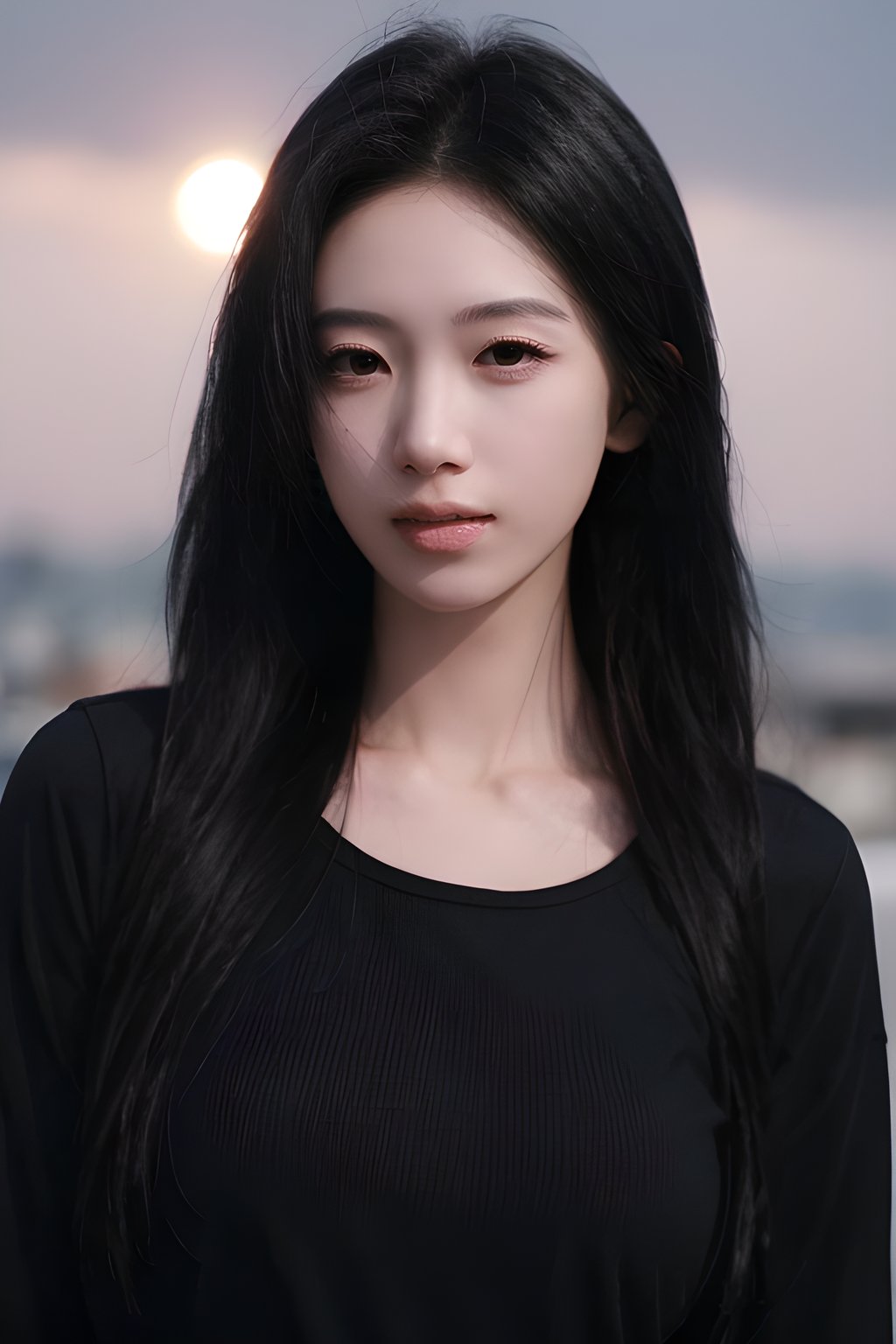 <lora:0830_01:0.7>,Frontal photography,Look front,evening,dark clouds,the setting sun,On the city rooftop,A 20 year old female,Black top,Black Leggings,black hair,long hair,dark theme,muted tones,pastel colors,high contrast,(natural skin texture, A dim light, high clarity) ((sky background))((Facial highlights)),, 1girl,realistic,masterpiece, best quality, photorealistic, HDR,detail