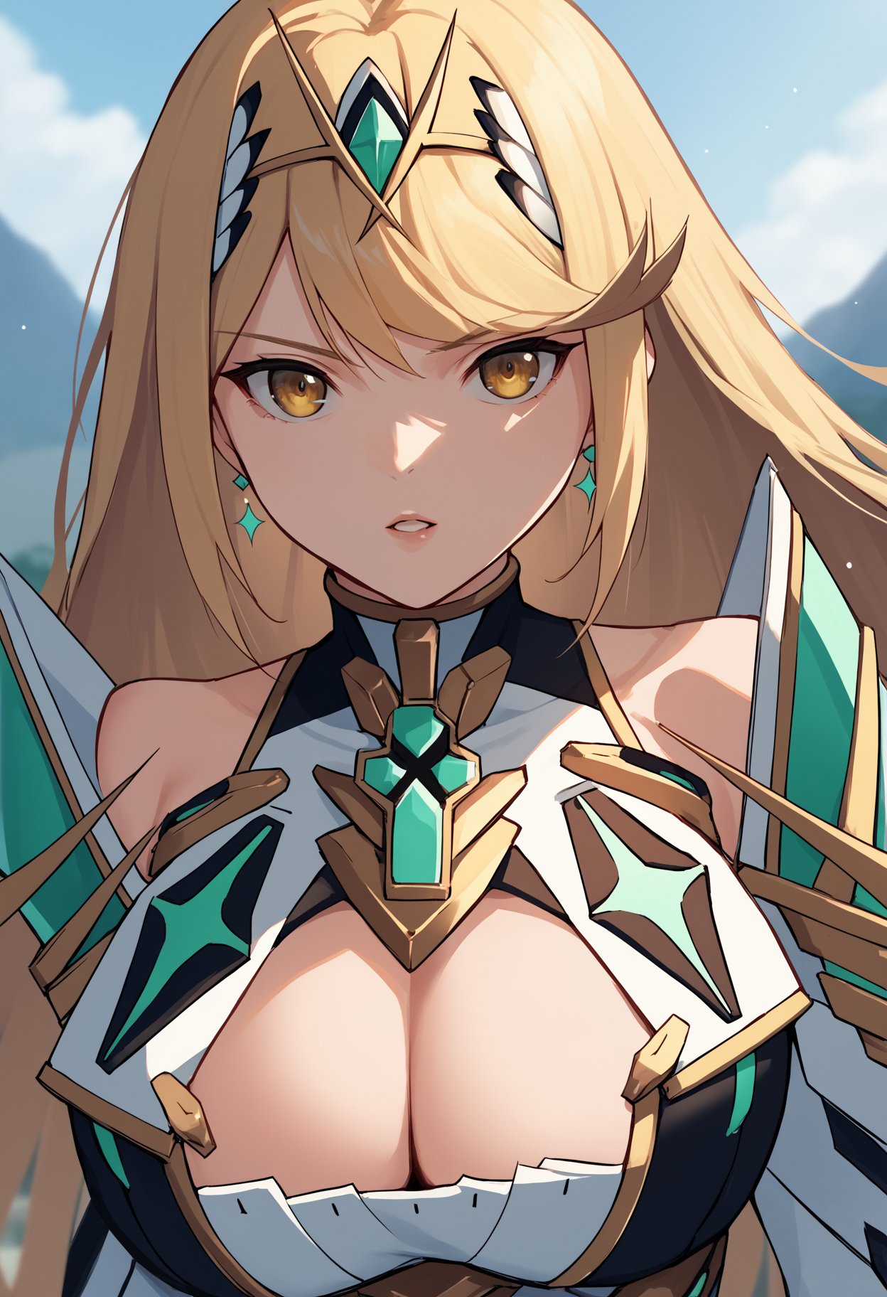 score_9, score_8_up, score_7_up, source_anime BREAK 1girl, solo, <lora:mythra-xb-richy-v1_pdxl:1> mthrdef, yellow eyes, blonde hair, long hair, tiara, earrings, chest jewel, large breasts, cleavage cutout, cleavage, white dress, close-up, parted lips, looking at viewer