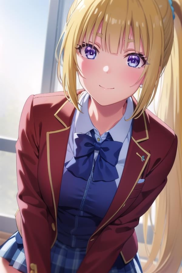 keikaruizawa, <lora:kei karuizawa s2-lora-nochekaiser:1>, kei karuizawa, long hair, bangs, blunt bangs, (purple eyes:1.1), blonde hair, shirt, hair ornament, ponytail, scrunchie, blue scrunchie, smile,BREAK skirt, shirt, bow, school uniform, jacket, (red jacket:1.2), pleated skirt, bowtie, sweater, (blue bow:1.2), (blue shirt:1.2),BREAK indoors, classroom,BREAK looking at viewer, (cowboy shot:1.5),BREAK <lyco:GoodHands-beta2:1>, (masterpiece:1.2), best quality, high resolution, unity 8k wallpaper, (illustration:0.8), (beautiful detailed eyes:1.6), extremely detailed face, perfect lighting, extremely detailed CG, (perfect hands, perfect anatomy),