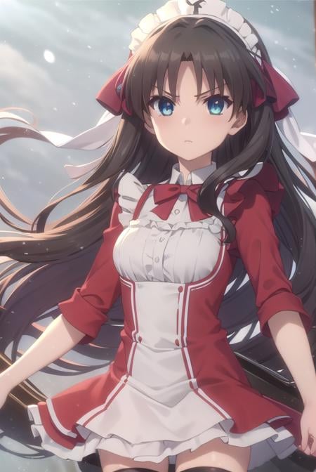 rintohsaka, <lora:rin tohsaka prisma s2s3-lora-nochekaiser:1>,rin tohsaka, long hair, black hair, two side up, aqua eyes, bow, hair bow,BREAK thighhighs, dress, frills, black thighhighs, zettai ryouiki, long sleeves, maid, maid headdress, red dress,BREAK outdoors, snow,BREAK looking at viewer, (cowboy shot:1.5), dynamic pose,BREAK <lyco:GoodHands-beta2:1>, (masterpiece:1.2), best quality, high resolution, unity 8k wallpaper, (illustration:0.8), (beautiful detailed eyes:1.6), extremely detailed face, perfect lighting, extremely detailed CG, (perfect hands, perfect anatomy),