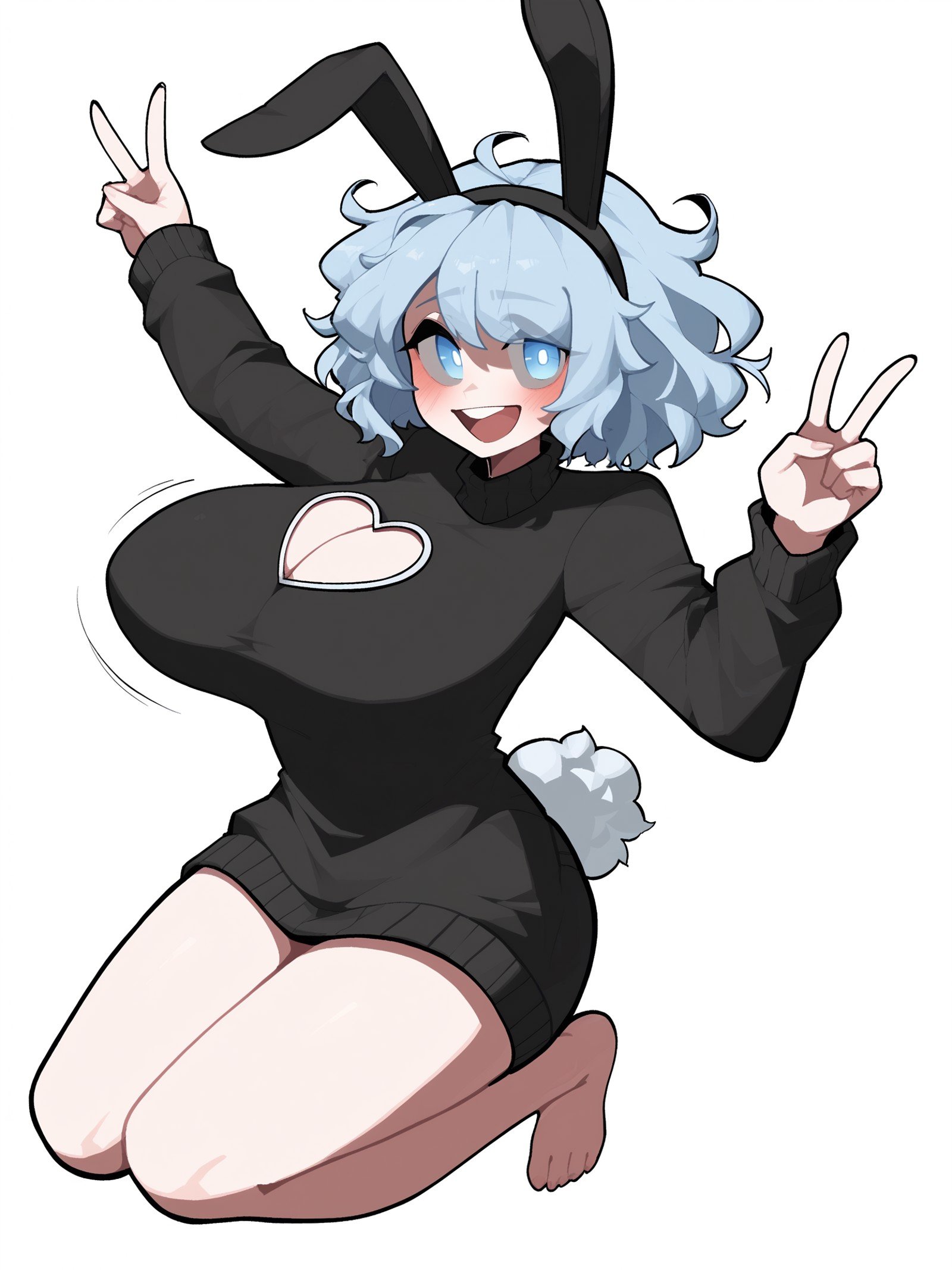 score_9, score_8_up, score_7_up, score_6_up, score_5_up, score_4_up, rating_safe,BREAK1girl, black rabbit ears, fake animal ears, light blue eyes, light blue hair, short hair, messy hair, wavy hair, open mouth, smile, blush, looking looking at viewer,BREAKsolo, dynamic pose, jumping, huge breasts, bouncing breasts, black sweater dress, long sweater, cleavage cutout, heart cutout, bare legs, barefoot, double peace,BREAKwhite background, simple background, <lora:Lunas-MinLona-SDXL-A1:1>