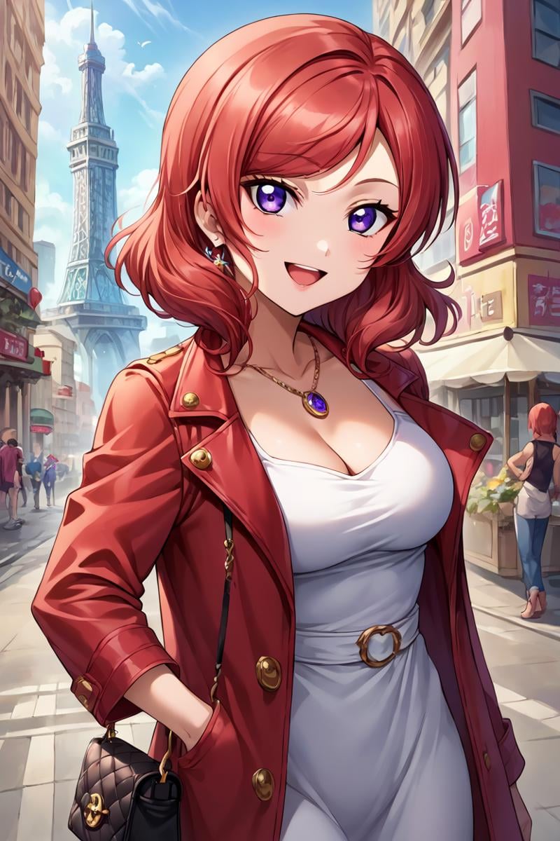 score_9, score_8_up, score_7_up, source_anime BREAK 1girl, solo, lovelive_maki, celeb fashion, red coat, cleavage, pendant, handbag, red hair, swept bangs, medium hair, purple eyes, tsurime, looking at you, smile, open mouth, cowboy shot, city, Paris <lora:lovelive_maki:1>