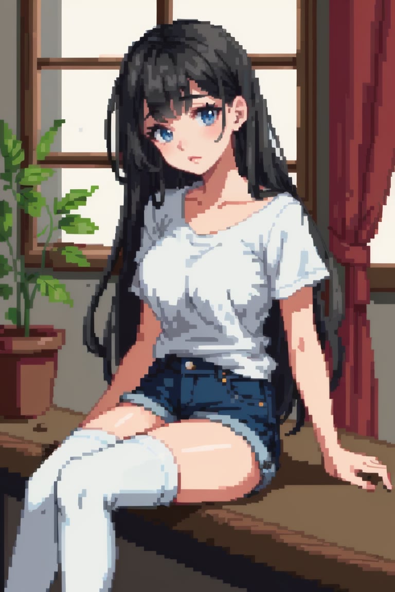 ((HRD, HUD, 8K)),((masterpiece, best quality)), highly detailed,1girl, solo, long hair, white shirt, denim shorts, black thighhighs, sitting, indoors,