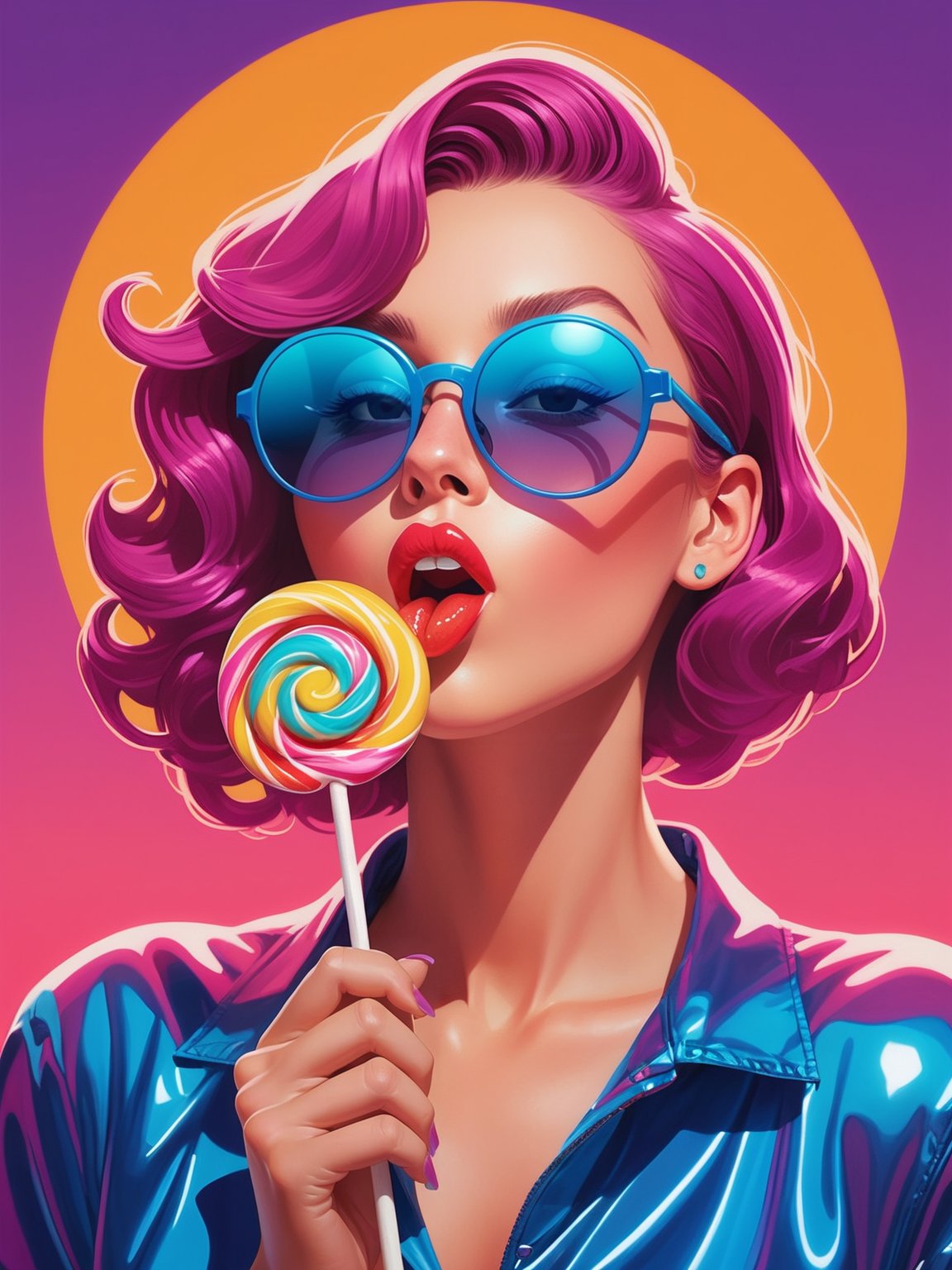 high quality illustration of a cocky confident woman, licking large transparent lollipop,  vibrant neon colors, cool sunglasses, silhouette, illustration, looking at viewer, lofi,