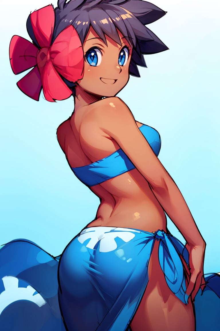 <lora:Bold_CAT:0.5>, <lora:more_details:0.5>((masterpiece,best quality)),<lora:Phoebe_Pokemon:0.8>, Phoebe_Pokemon,  blue eyes, hair flower, sarong, tube top, dark skin,  solo, smiling, looking at viewer, cowboy shot,from behind, 