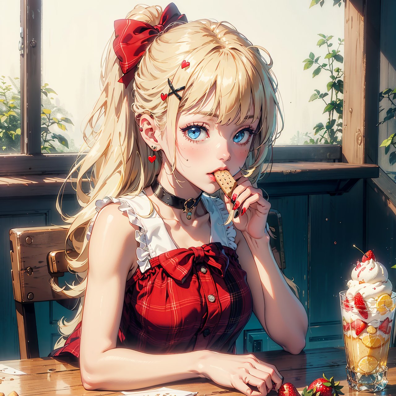1girl, solo, cherry, food, bow, hair ornament, fruit, hair bow, choker, ponytail, looking at viewer, jewelry, earrings, strawberry, blue eyes, frills, hairclip, blonde hair, bandaid, long hair, ice cream, bangs, upper body, nail polish, x hair ornament, table, red bow, signature, sleeveless, english text, sitting, red nails, mouth hold, spoon, blurry, plaid, heart 