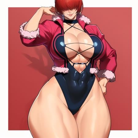 (masterpiece, best quality:1.3), DrakkaiArt, 1girl, solo, looking at viewer, wide hips, mature female, closed mouth, seductive smile, large breasts, cowboy shot, muscular female, thick thighs, <lora:DrakkaiArt Style Lora:.85>, shermiems, hair over eyes, <lora:Shermie:.8>