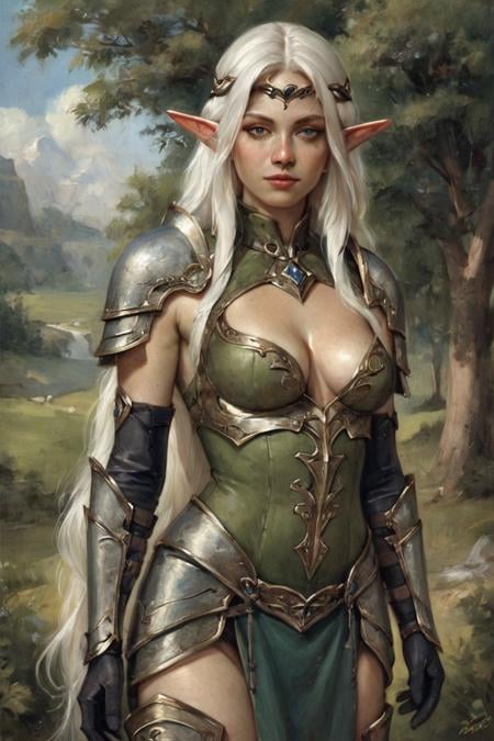 score_9, score_8_up, score_7_up, oil painting, traditional media, realistic, 1girl, pointy ears, breasts, long hair, solo, elf, gloves, portrait, cowboy shot, standing, cleavage, armor, white hair, elbow gloves, black gloves, looking at viewer, boots, circlet, medium breasts, very long hair, wariza, cleavage cutout, clothing cutout <lora:Cold Oil Gothic Style SDXL_LoRA_Pony Diffusion V6 XL:1>