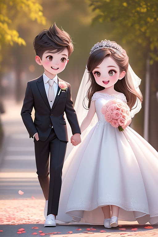 1girl,sqs,dress,1boy,flower,brown hair,smile,necktie,open mouth,brown eyes,holding hands,pants,long hair,white dress,wedding dress,petals,white footwear,bouquet,black necktie,blush,wedding,groom,walking,black pants,formal,pink flower,teeth,hair ornament,suit,hair flower,shirt,upper teeth only,chibi,hetero,:d,holding,short hair,white jacket,bride,looking at another,veil,spiked hair,shoes,aged down,bridal veil ,<lora:sqs:0.8>,