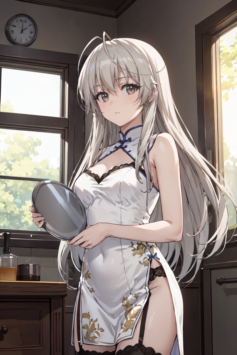 masterpiece, best quality, ultra-detailed, glistening shiny, glowing light, ray tracing, HDR, deph of field, (perfect face, detailed face),  <lora:KasuganoSora:0.7>, kasuganosora, long hair, china dress, garter straps, holding tray