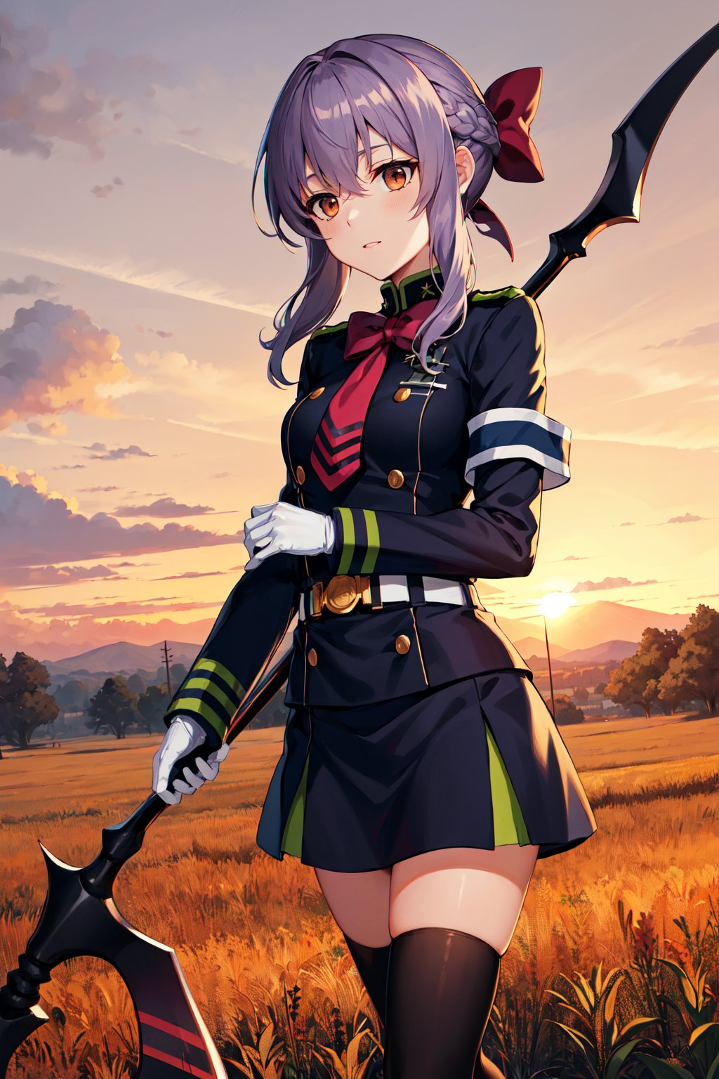 masterpiece, best quality, highres, aashinoa, hair bow, military uniform, red bowtie, long sleeves, armband, white gloves, belt, black thighhighs, <lora:hiiragi_shinoa_v1:0.7>, sunset, field, standing, holding weapon, scythe