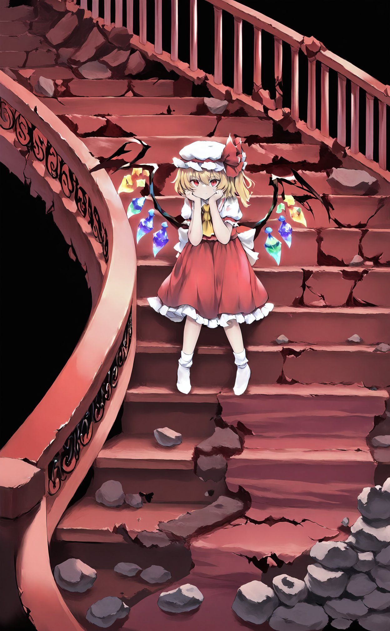 1girl,flandre scarlet,hat,wings,blonde hair,solo,mob cap,stairs,skirt,red eyes,crystal,red skirt,short sleeves,puffy sleeves,red vest,hands on own face,ascot,vest,puffy short sleeves,shirt,white socks,ribbon,rock,hat ribbon,socks,yellow ascot,hands on own cheeks,frills,bow,frilled skirt,white headwear,ruins,white shirt,skirt set,no shoes,short hair,pillar,railing,back bow,rubble,crack,full body,red ribbon,head rest,closed mouth,side ponytail,sitting,