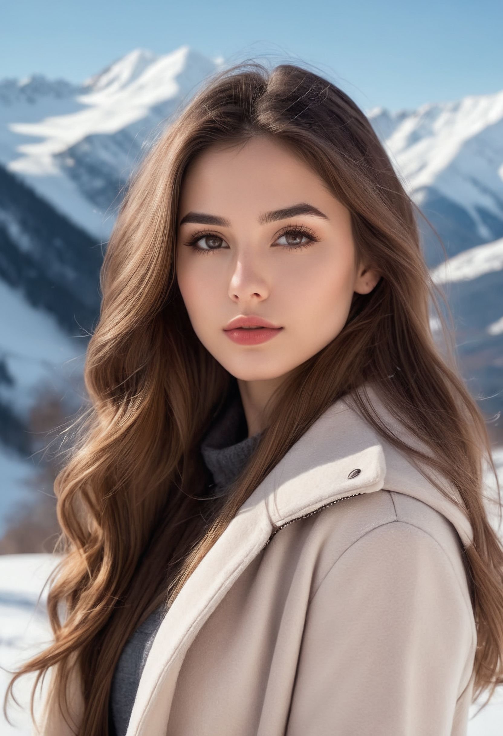 1girl, attractive young woman, long flowing hair, symmetrical facial features, expressive brown eyes, rosy cheeks, full lips, hourglass figure, feminine silhouette, winter attire, standing in snowy landscape, majestic snow-capped mountains background, upper body portrait, direct gaze at viewer, soft winter lighting, high detail, photorealistic style, 8k resolution