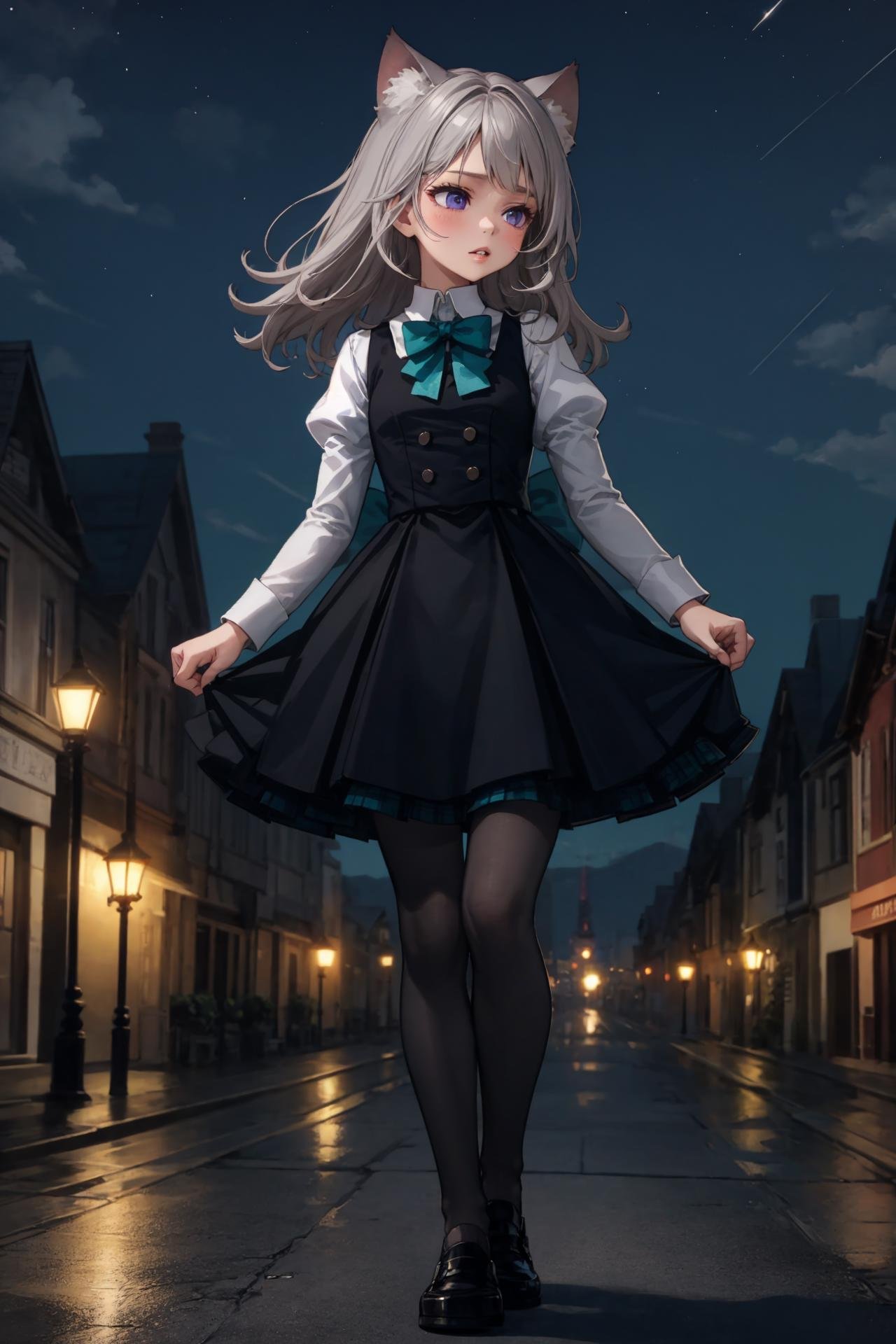 masterpiece, best quality, (solo:1.5), 1girl, (full body:1.5), parted lips, (walking:1.3), street lamp, dark night, night time, starry sky, french town, outdoors, <lora:Genshin_Little_Lynette_v2-000360:0.6>, long hair, long sleeves, black dress, black vest, collared shirt, teal bow, cat ears, parted lips, purple eyes, cat tail, grey hair, grey pantyhose, black loafers, puffy sleeves, bowtie, (teal plaid skirt:1.05), pleated skirt, black skirt,